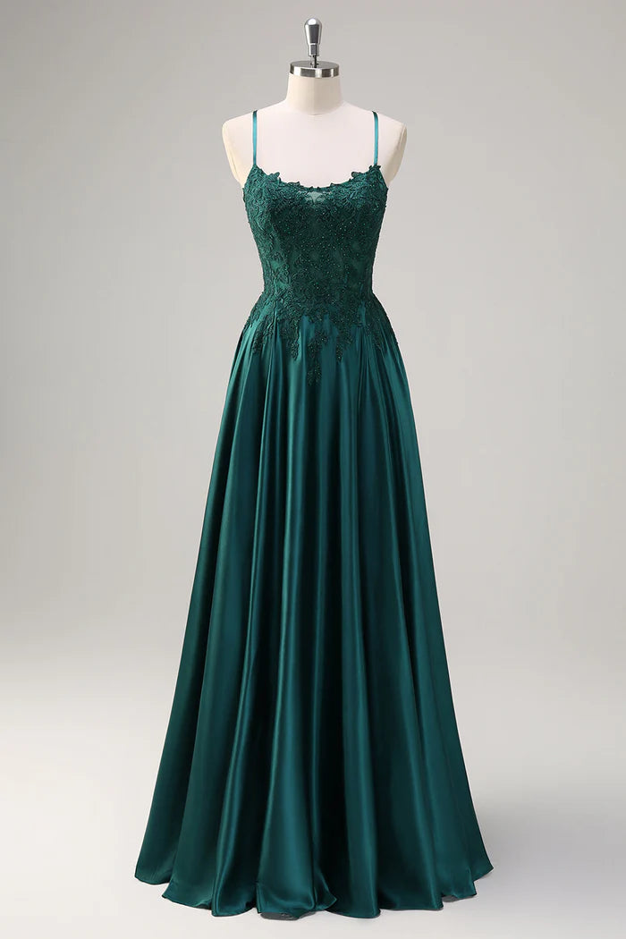 Weitese Dress Dark Green A-Line Spaghetti Straps Satin Beaded Maxi Dress Sleeveless With Appliques Prom Dress